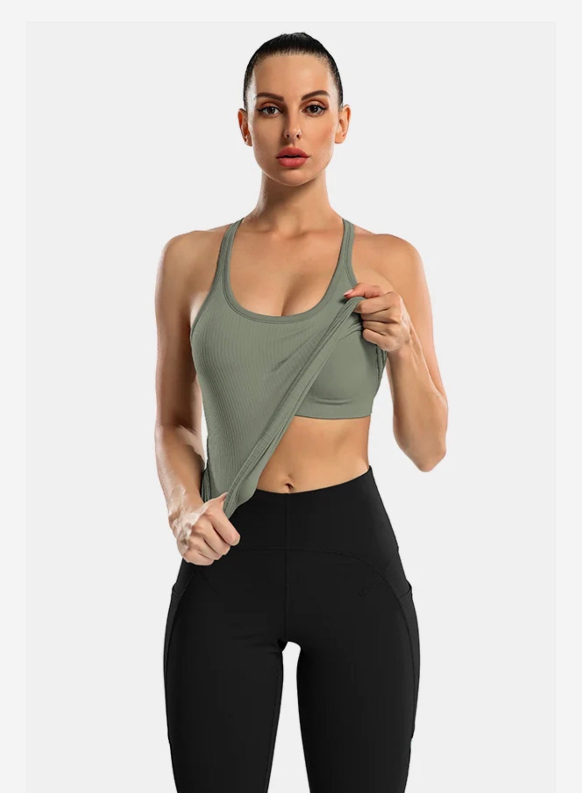 Grey Ribbed Workout Tank Tops with Built in Bra Racerback Athletic Top