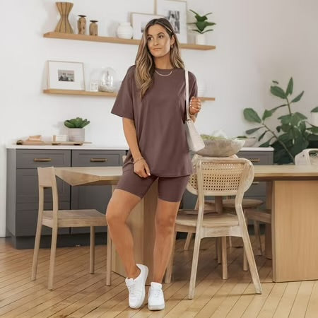 Brown Oversized Tshirts Matching Biker Short Summer Clothing