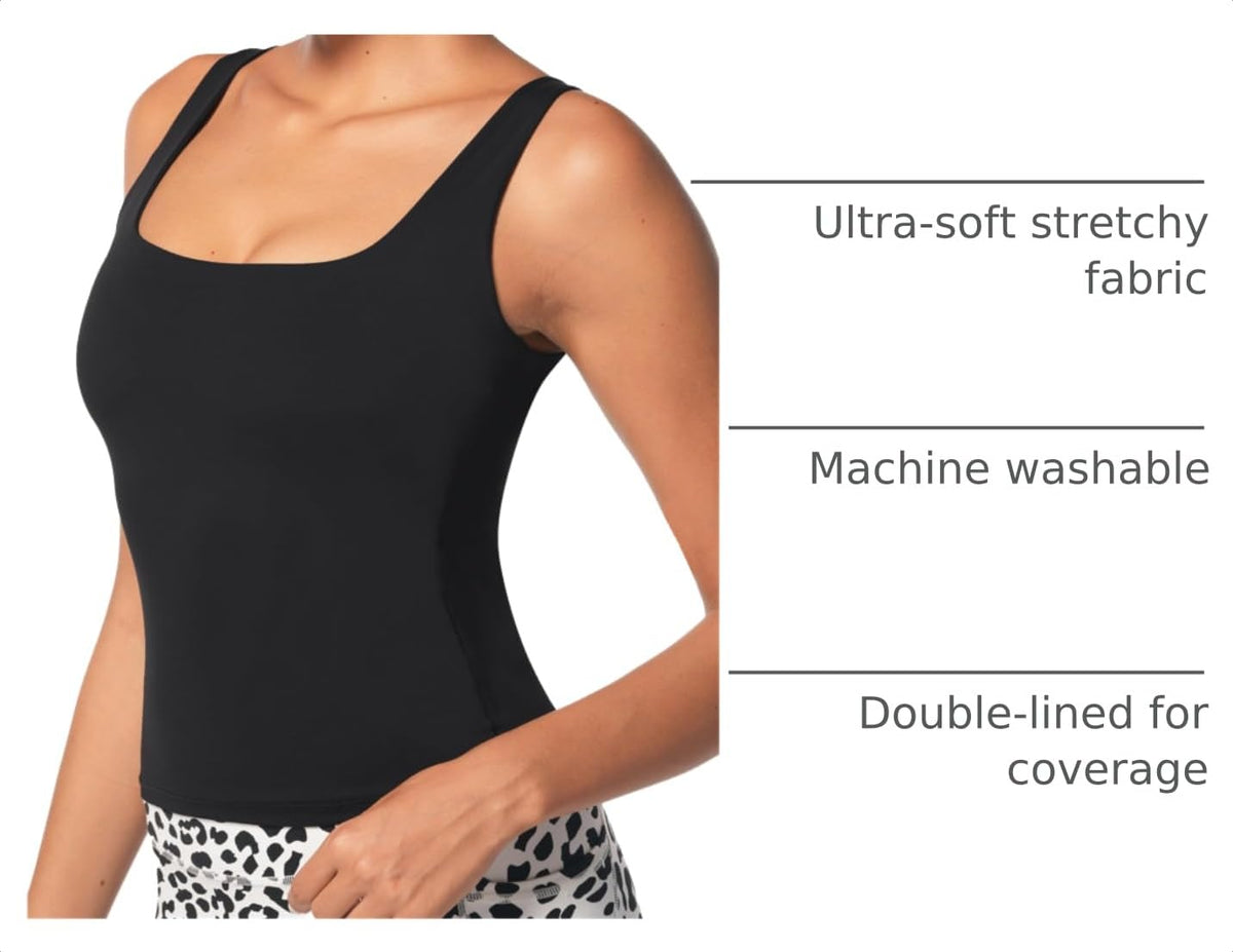 Seamless Black Square Neck Double Lined Fitted Tank Top Black