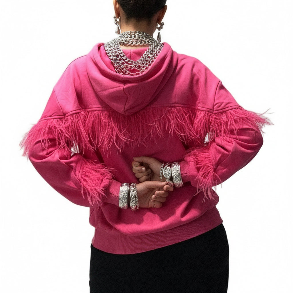 Sudadera con capucha Feather rosa, blanco y negro