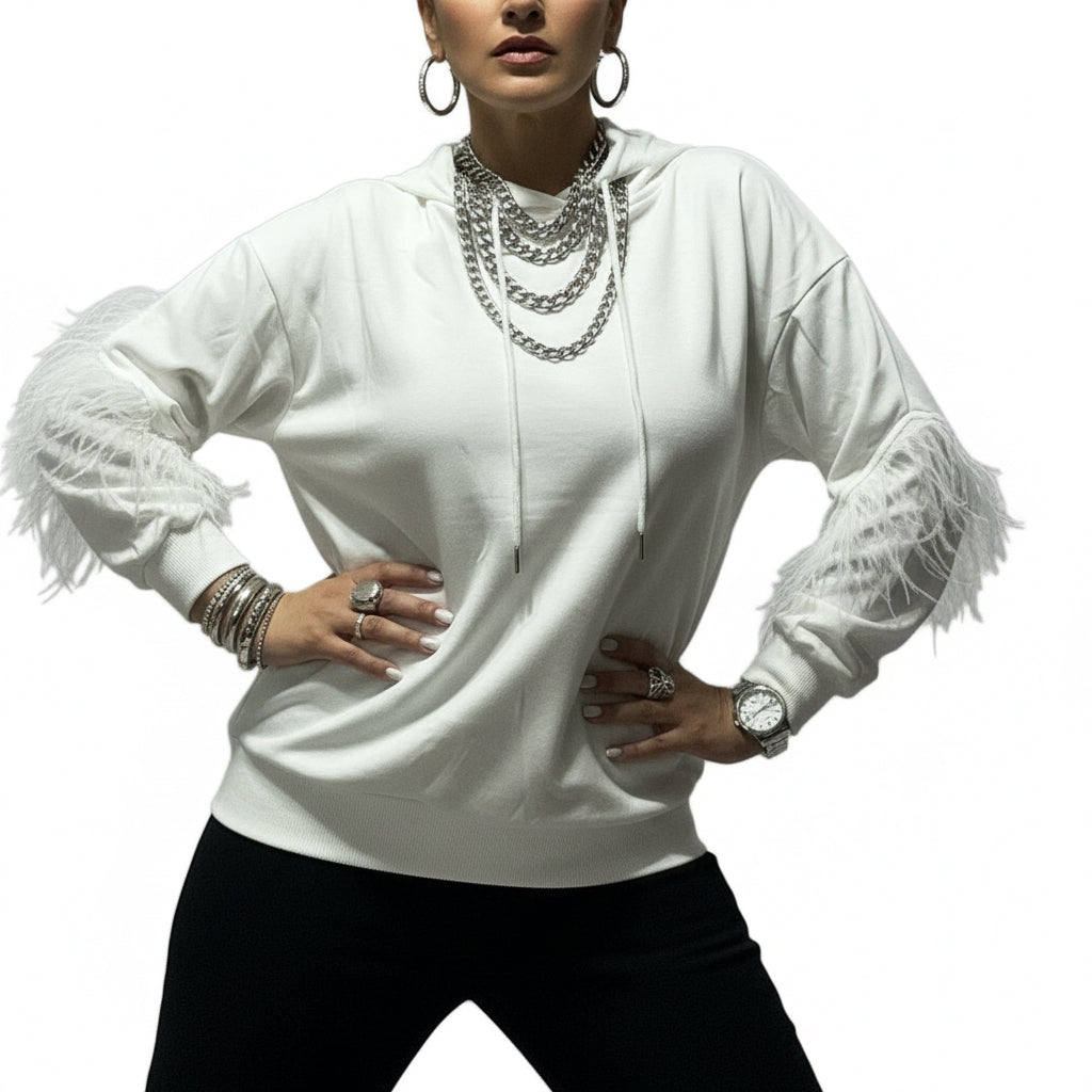 Sudadera con capucha Feather rosa, blanco y negro