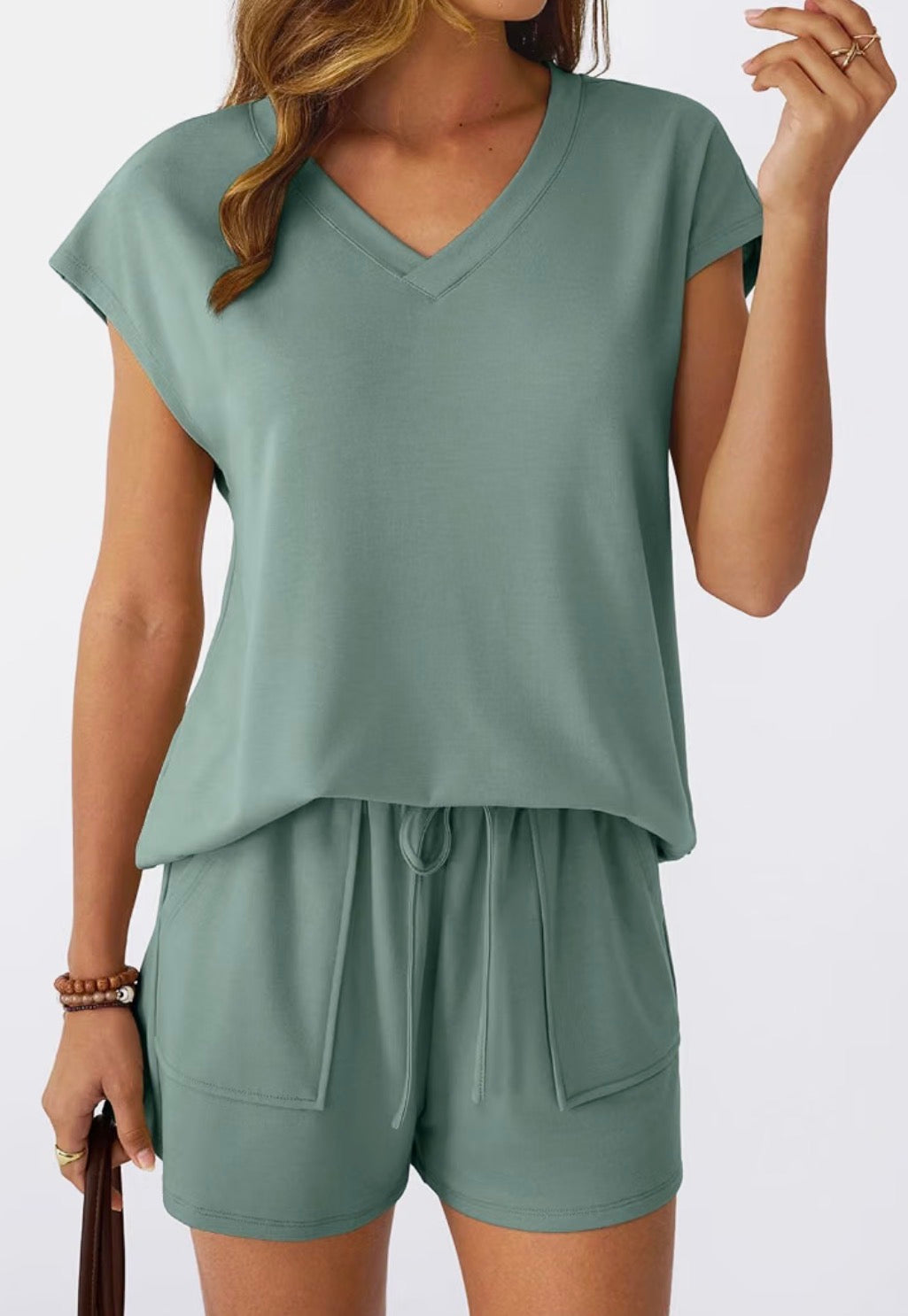 Sage Lounge Sets V Neck Cap Sleeve Shirt and Shorts Sweatsuit