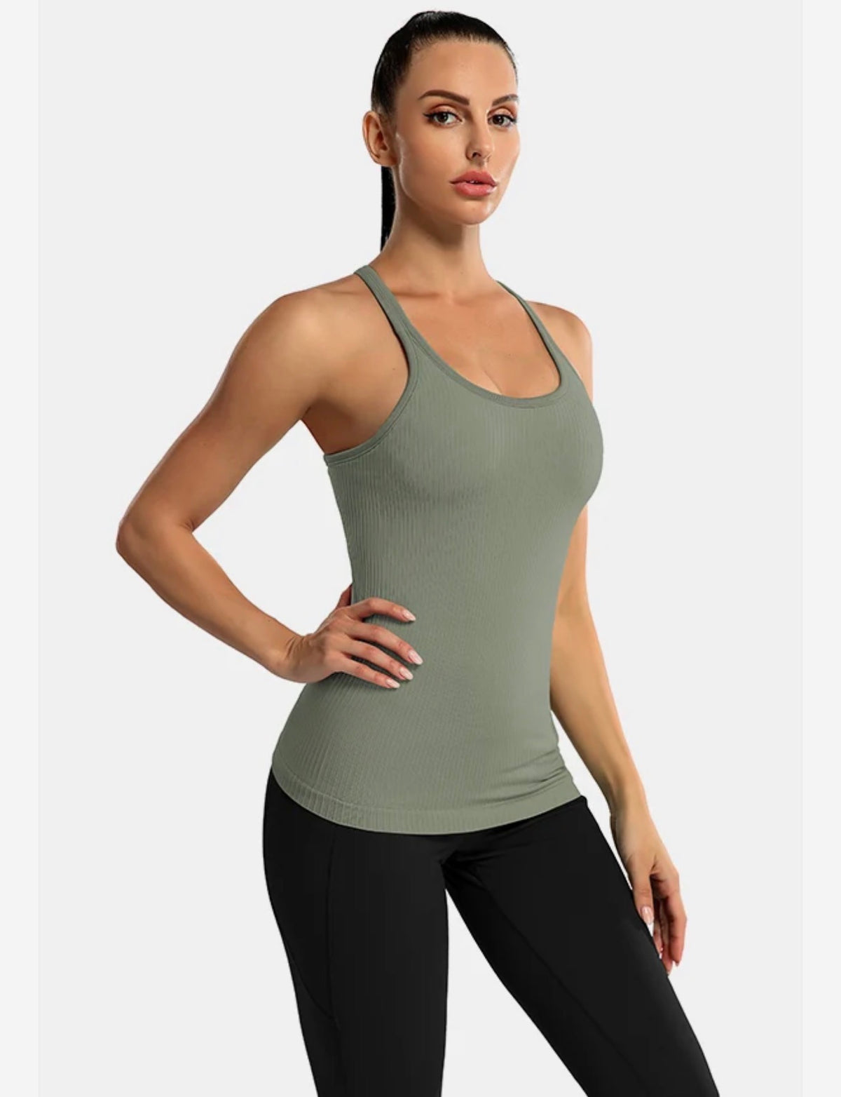 Grey Ribbed Workout Tank Tops with Built in Bra Racerback Athletic Top