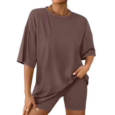 Brown Oversized Tshirts Matching Biker Short Summer Clothing