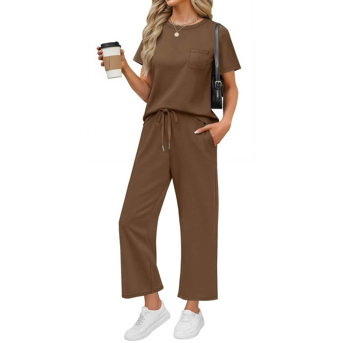 Brown Short Sleeve Top & Wide Leg Sets