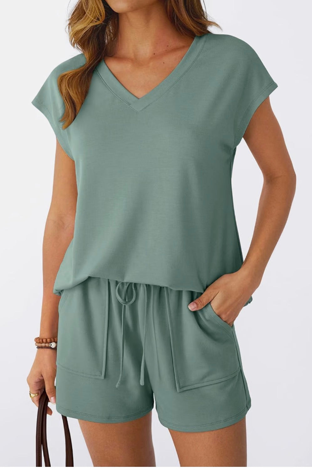 Sage Lounge Sets V Neck Cap Sleeve Shirt and Shorts Sweatsuit