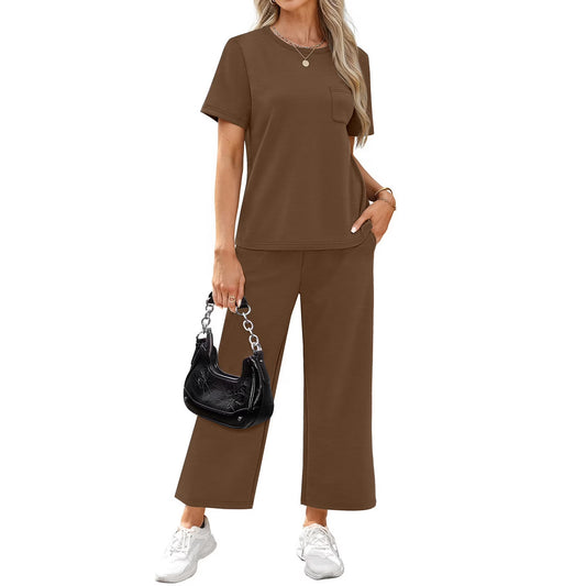 Brown Short Sleeve Top & Wide Leg Sets