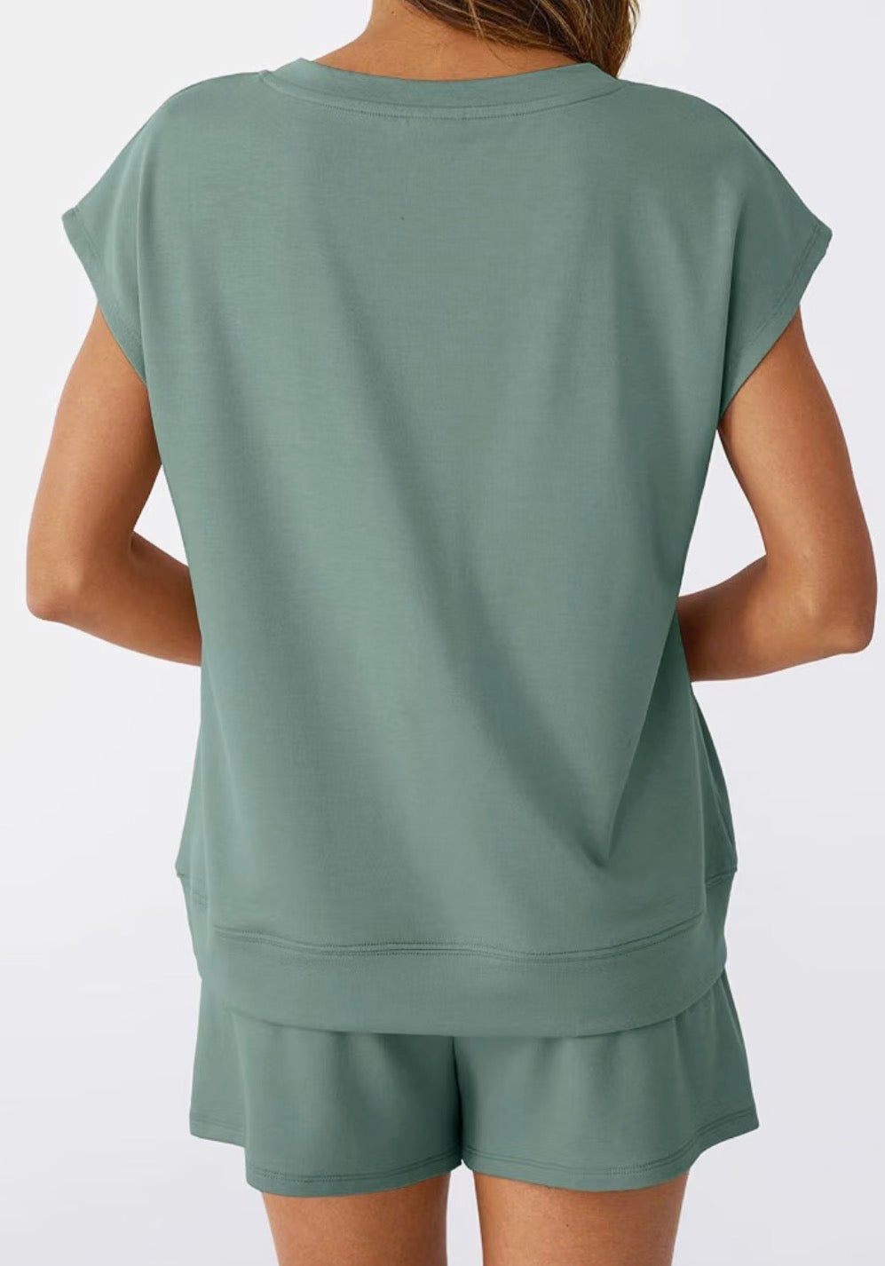 Sage Lounge Sets V Neck Cap Sleeve Shirt and Shorts Sweatsuit
