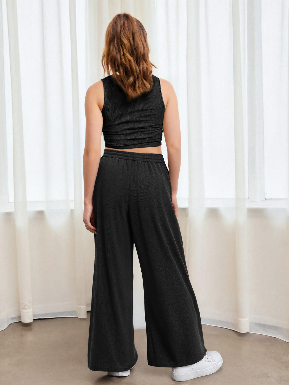 2 Piece Black Set Tracksuit Sleeveless Tank Tops & Wide Leg Pants Mactching Sets