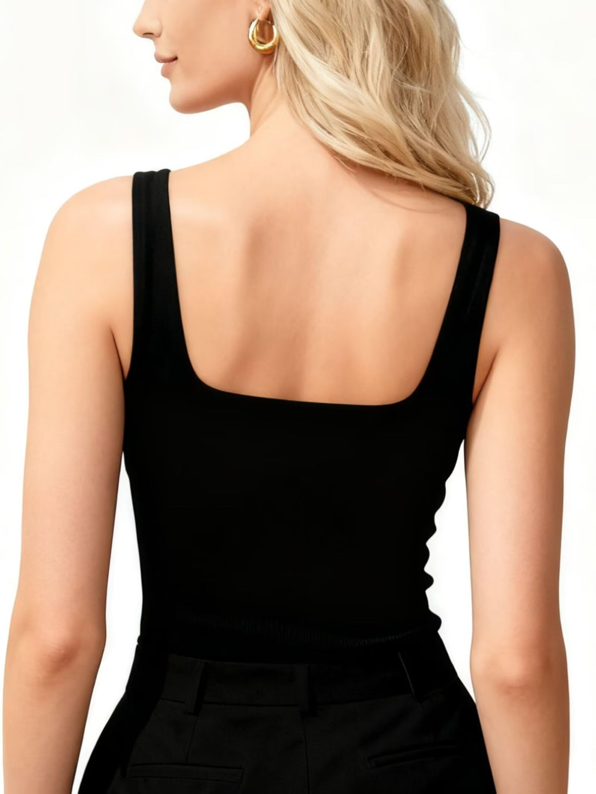 Seamless Black Square Neck Double Lined Fitted Tank Top Black